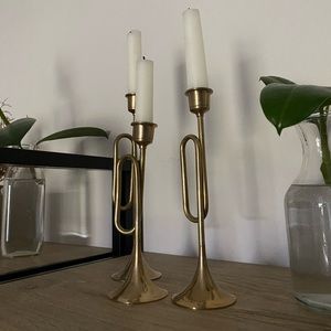 Vintage brass trumpet candlestick holders